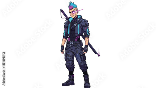 Full-body illustration of a futuristic character wearing a blue and pink hairstyle, black tactical gear, and holding a sword and bow against a plain white background.