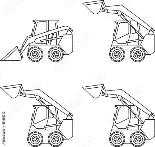 Set of Skid steer loaders Outline vector illustration isolated On Transparent Background