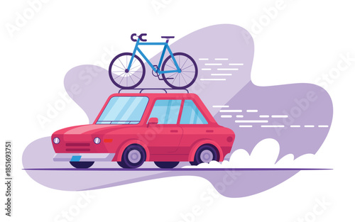 Red car transporting bicycle on rooftop carrier driving down the road