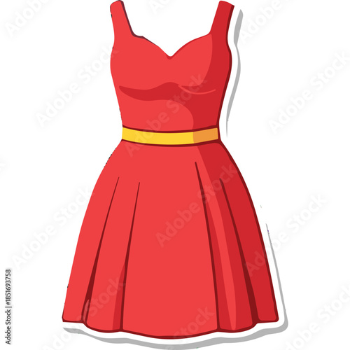 Vector Illustration of a Red Party Dress with Yellow Belt