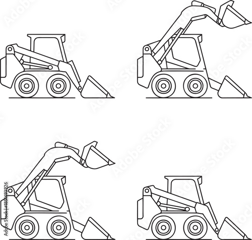 Set of Skid steer loaders Outline vector illustration isolated On Transparent Background