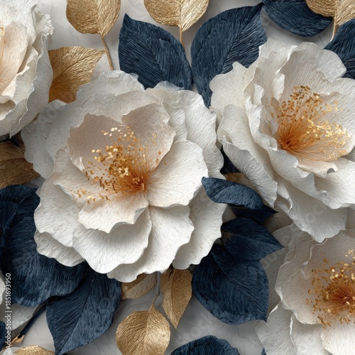 Elegant floral arrangement featuring soft white and gold flowers with deep blue leaves, perfect for use in wedding invitations, home decor, or as a backdrop for various design projects,
