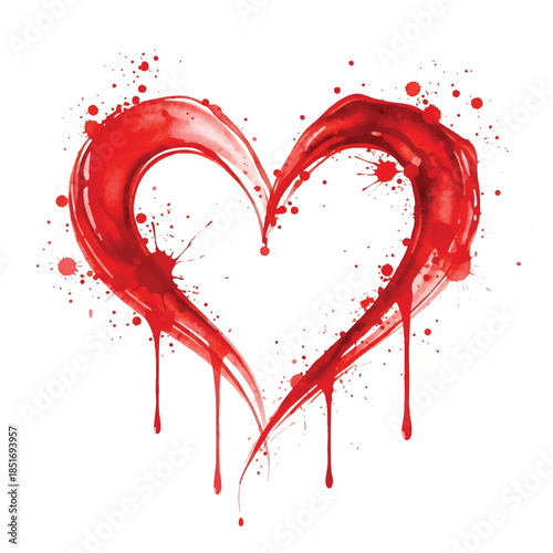 Red heart shape made of paint splatters and drips on a white background with a bold, expressive design.