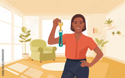 A young woman holding a glass bottle in a bright and airy living room with modern furniture and lush plants