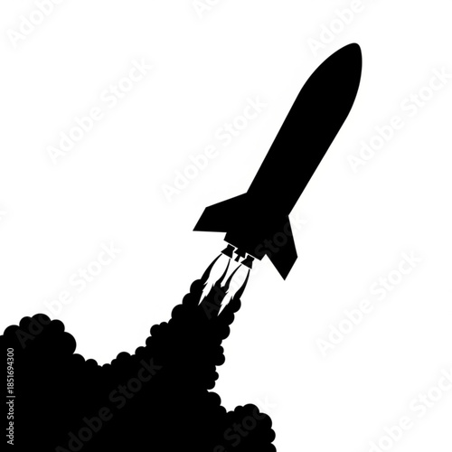 Black silhouette of a rocket ship launching into the sky with smoke