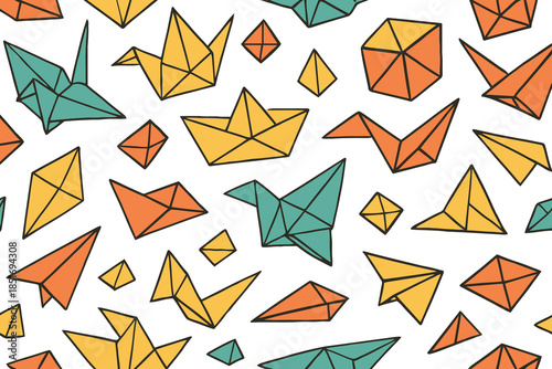 Origami paper folding pattern with cranes boats and planes
