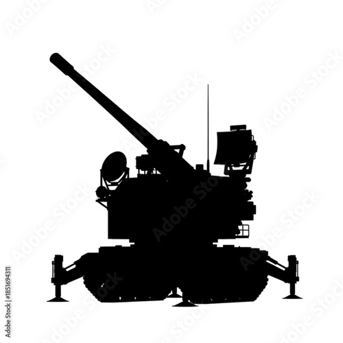 Silhouette of a large military tank with a long barrel gun