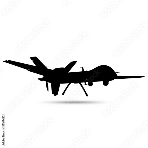 Silhouette of a black unmanned aerial vehicle on with shadow