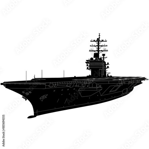 A large military aircraft carrier ship with a tall superstructure silhouette