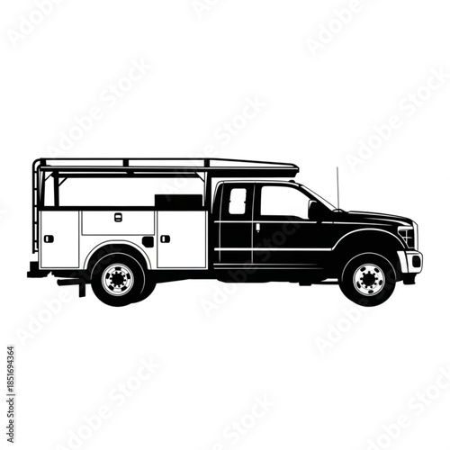 Black and white illustration of a utility truck vehicle side view