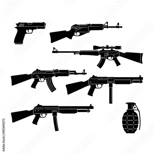 Collection of various firearms and a grenade in black silhouette