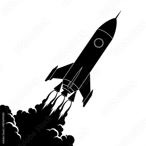 Black silhouette of a rocket ship blasting off into space with flames