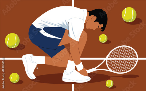 A tennis player bending to pick up a tennis ball on a court with scattered balls around