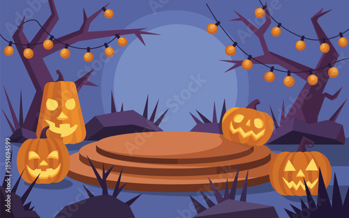 A spooky Halloween scene with pumpkins and bare trees surrounding a circular platform under a full moon at dusk from a slightly elevated viewpoint.