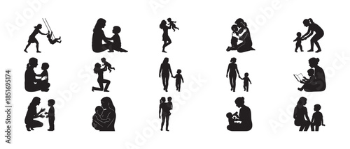 Silhouette collection of mothers and children in various loving interactions