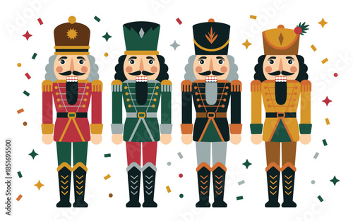 Four festive nutcrackers standing together adorned in colorful military uniforms amidst confetti