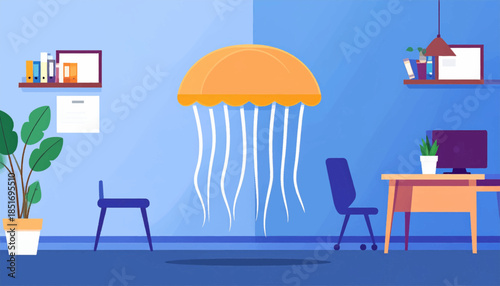 Stylized workspace scene featuring a peculiar jellyfish light fixture in a blue room