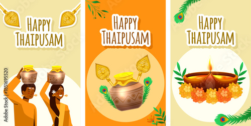 Happy Thaipusam Festival Set with Devotees, Sacred Pot, Peacock Feathers and Decorative Elements