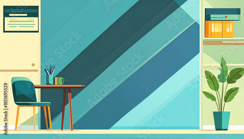 Stylized workspace scene with chair, desk, plant, and striped backdrop in cool hues, offering a minimalist yet inviting space
