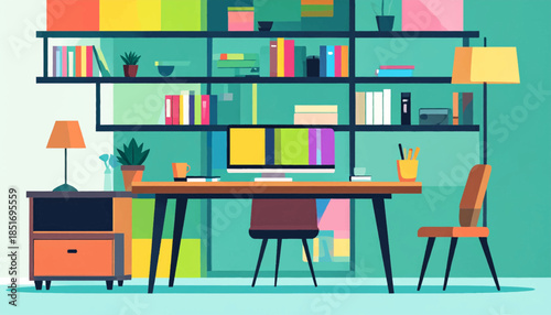 Stylized workspace with a desk, chair, computer, bookshelf, lamp, and cabinet in a teal-toned setting