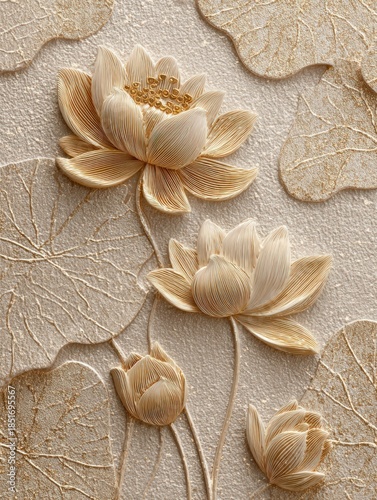Elegant relief artwork featuring intricate lotus flowers and leaves, perfect for home decor, invitations, or wellness promotions, This detailed design embodies tranquility and nature-inspired beauty,