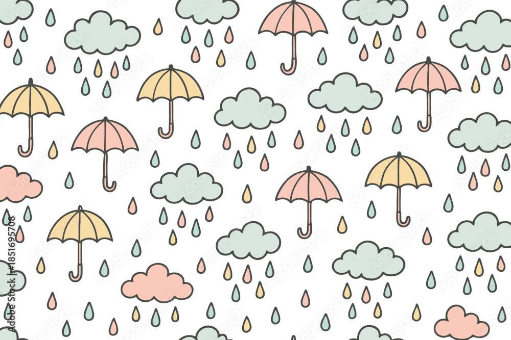 Obraz premium Pastel weather pattern with umbrellas clouds and rain drops