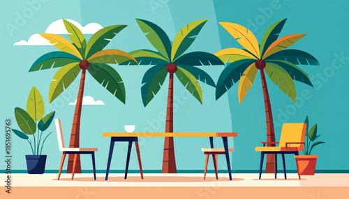 Sunny beach scene with palm trees, chairs, table, and plants in stylized, illustration art