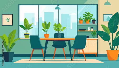 Sunny room with lush plants, an orange table and three turquoise chairs, with a city view out of a large window