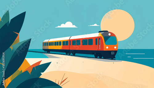 Sunny tropical scene with a train running along a beach next to the ocean and tropical plants