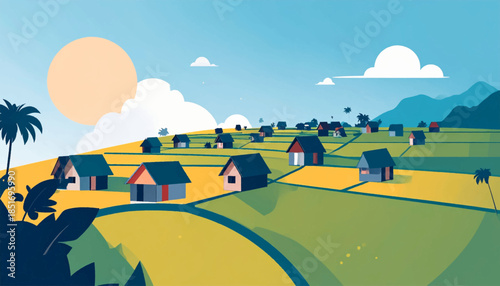 Sunny village illustration with huts, rice paddies, distant mountains, and palm trees in a minimalist style