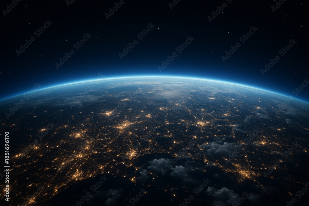 Fototapeta premium Planet Earth at night from space showing glowing city lights and blue atmospheric edge against a starry sky, representing global connectivity and science. Ai generative