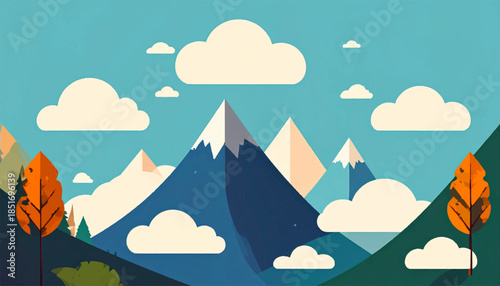Stylized mountain scene with trees, clouds, and peaks in flat, geometric art style on a bright sunny day