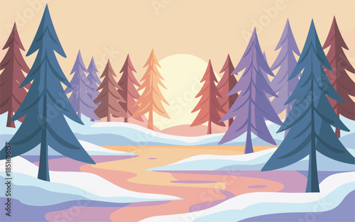 Serene winter landscape with trees and snow-covered ground at sunrise