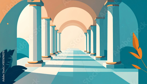 Stylized, minimalist arcade illustration with plants, columns, arches, and a tiled floor in peach and teal
