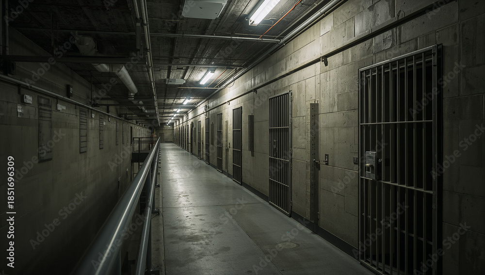 Obraz premium Dimly lit prison corridor with cells stretching into the distance, creating a sense of confinement