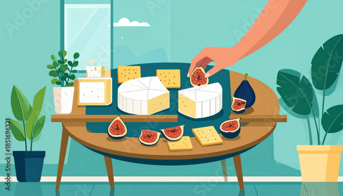 Table set with cheese, figs, crackers, and plants, in a modern, flat design style, with a hand reaching to pick a fig