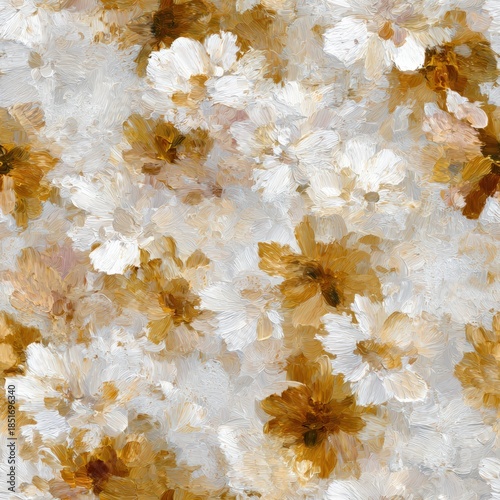 A vibrant floral pattern featuring white and golden hues, ideal for use in textiles, wallpapers, and home decor projects, This design adds warmth and elegance to any creative work,