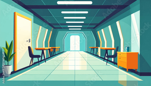 Teal and orange corridor in a stylized vector art style, with furniture and light at the end of the corridor