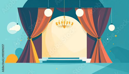 Teal and orange stage with curtains, chandelier, and spotlights in a stylized, flat vector illustration
