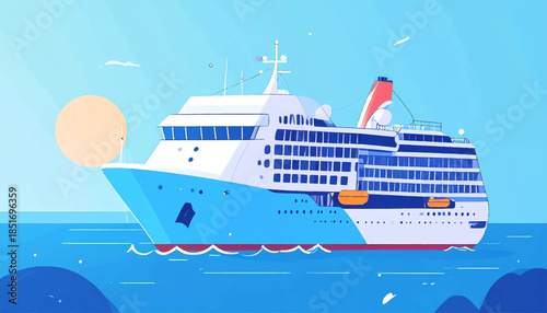 Stylized cruise ship sailing on blue water, sun shining in light blue sky, white accents and clouds