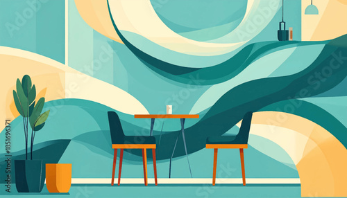 Teal and tan cafe scene, with stylized waves, table, chairs, plant, and decorative objects