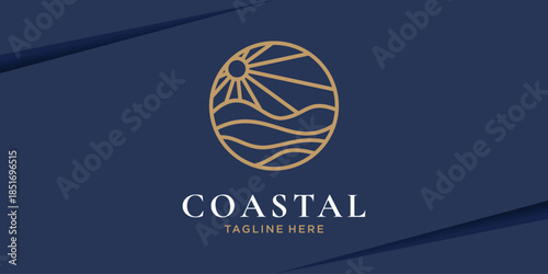Elegant coastal logo with sun and ocean waves