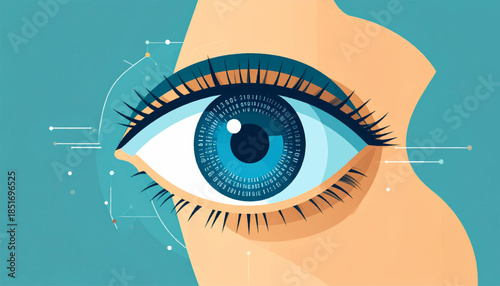 Stylized digital art of a blue eye surrounded by binary code and connected dots, with a blue and peach palette