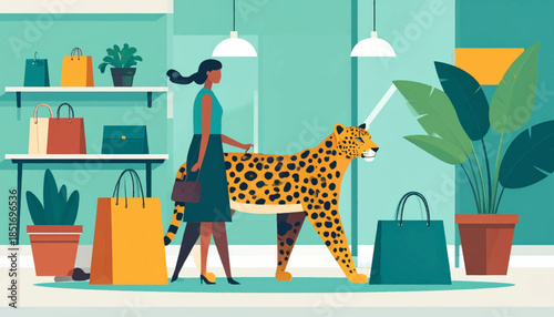 Stylized digital art Woman shopping with pet leopard in boutique. Minimalist design with teal, orange, green, and brown tones
