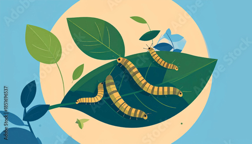 Stylized image showing striped caterpillars on a leaf, with soft blue background and soft yellow behind leaf
