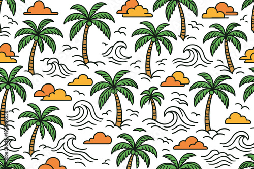 Tropical Island Seamless Pattern with Palm Trees Waves and Clouds