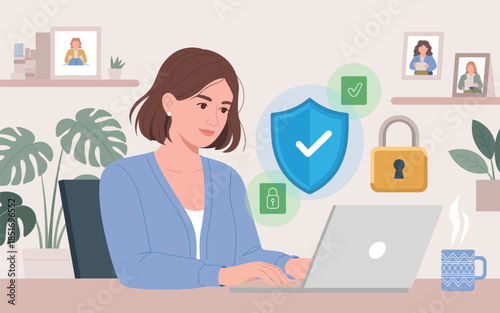 Woman working on laptop with security shield and lock icons surrounding her in a cozy home office environment