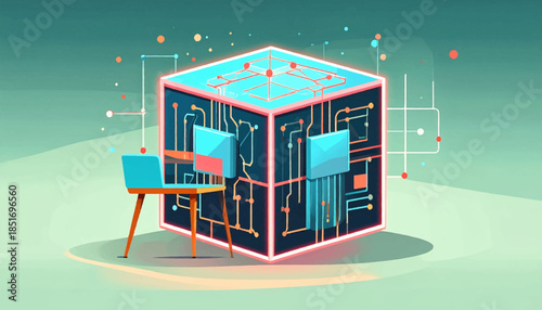 Stylized digital cube with tech circuit details stands near a mid-century chair in a teal geometric space