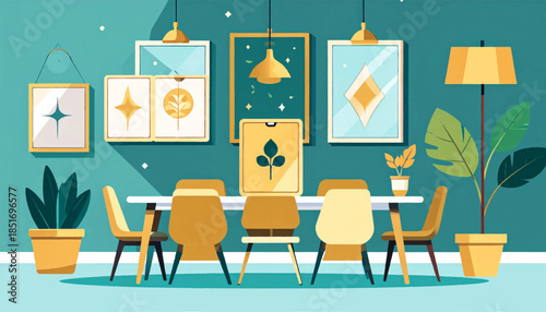 Stylized dining room illustration. Paintings hang on the wall, plants and a lamp accent the room