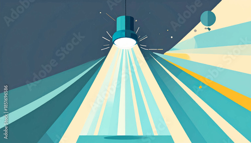 Teal geometric room hanging lamp casts light rays onto a floor against a dark teal wall